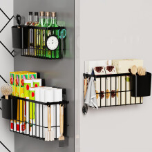 Wall Mounted Storage Baskets, No Drill Adhesive Metal Organizer with Hooks for Kitchen Bathroom, 3 Pack Black
