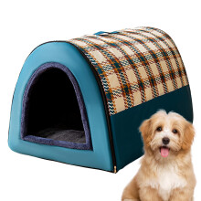 Indoor Dog House Pet Bed with Warm Plush Cushion, Foldable Cozy Nest for Cats and Dogs, Blue