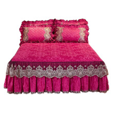 Velvet Bed Skirt Set King Size with Elegant Ruffled Design and Pillowcases Rose Red 45cm Drop