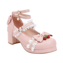 Princess Shoes For Girls Lace Up PU Bowknot Embellished Thick Heels Pink UK Size 0 For Party Wedding Prom