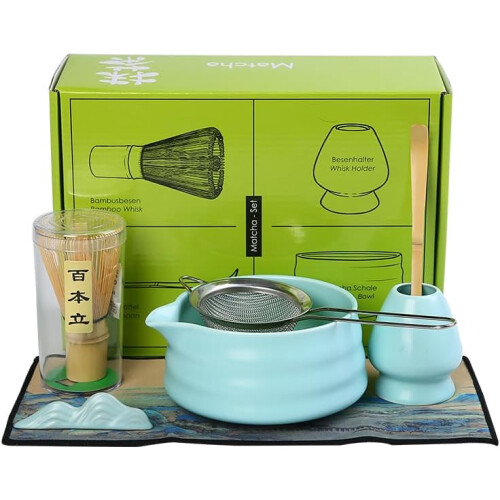 Matcha Tea Set 7pcs Celadon Blue Complete Ceramic and Bamboo Japanese Tea Ceremony Kit 1