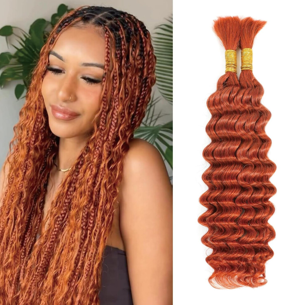 Unisex Orange Braiding Human Hair 18 Inch Deep Water Wave Virgin Brazilian 350 Ginger No Weft Extensions