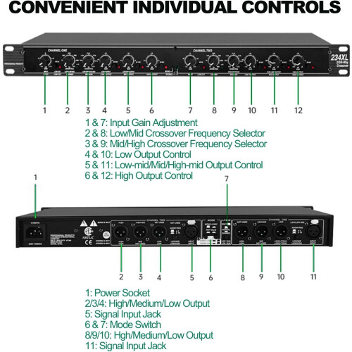 Professional Audio Crossover 234XL, 2Way 3Way Stereo, Multiple Modes, XLR PA Stage Processor 2