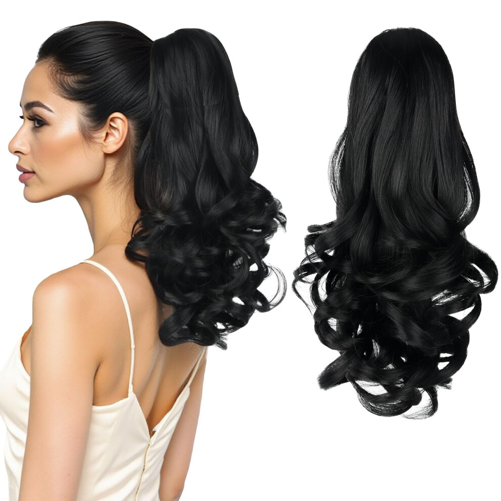 Unisex Black Ponytail Hair Extension 14 Inch Curly Claw Clip On Hairpiece For Women Instant Volume Boost