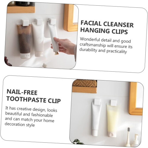 Self Adhesive Toothpaste Holder 2pcs Wall Mounted No Drill Bathroom Organizer Hook Clips 1
