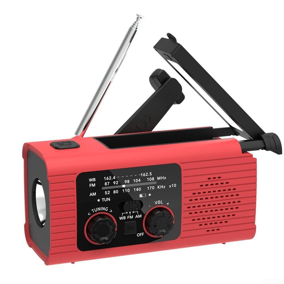 Solar Hand Crank Emergency Weather Radio 4000Mah Am Fm Led Flashlight Sos Alarm Waterproof Red 9347817631449