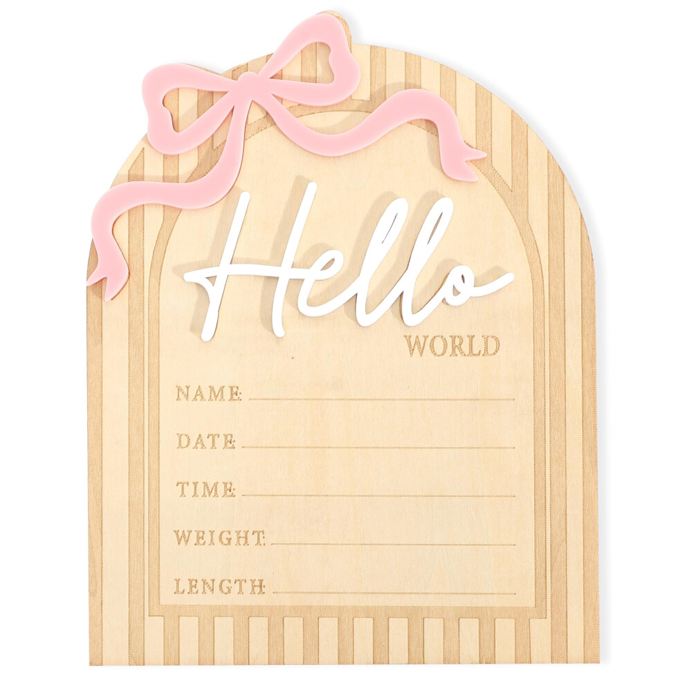 Newborn Announcement Board with Pink Bow –  Baby Birth Record Wooden Photo Prop