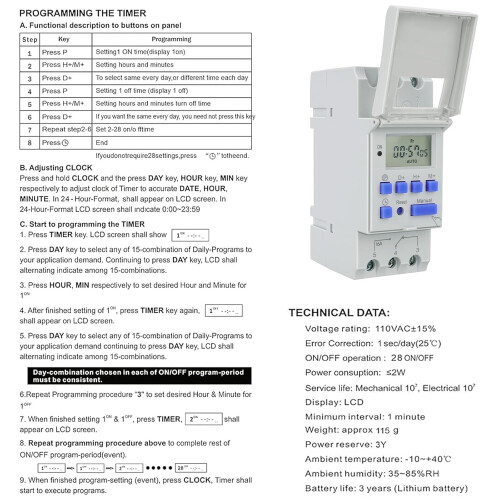 Programmable Timer Switch AC 110V 16A Digital LCD Relay with 28 Weekly Schedules and Memory Backup 2