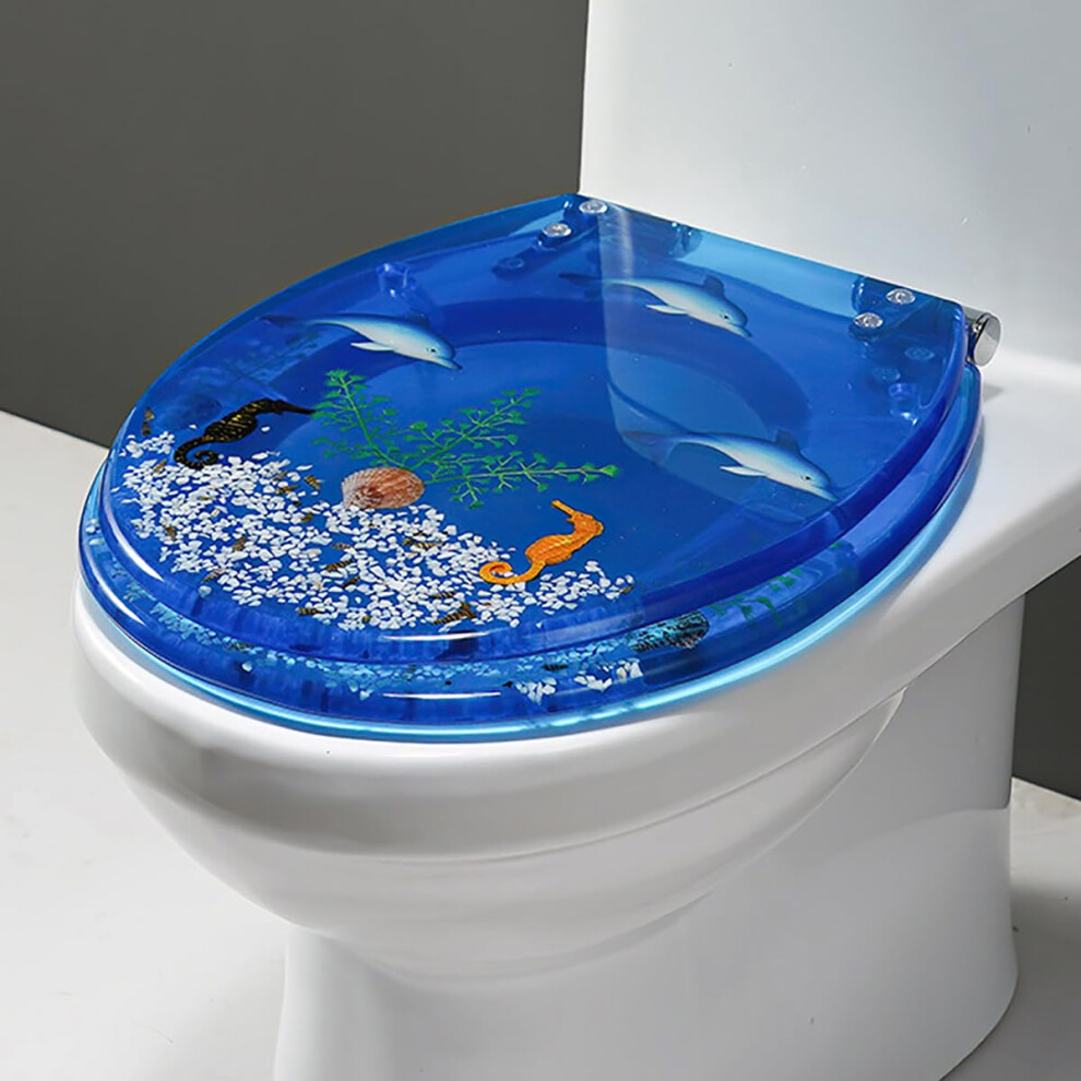 Elongated Soft Close Resin Toilet Seat With Chrome Hinges, Quick Release, Nonslip Bumpers, Ocean Series Style G 9199774684125