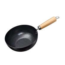 Wok Pan with Ergonomic Wooden Handle, Flat Bottom Iron Stir Fry Pan for Gas Stove, BBQ, Eggs, Meat, Vegetables