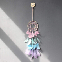Handmade Bohemian Dream Catcher with Feathers and Cat Topper, Boho Wall Hanging for Bedroom Decor