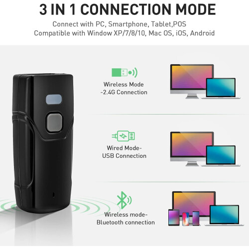 Bluetooth Barcode Scanner 1D 2D with 3in1 Modes USB 2.4G Long Range for iOS Android Windows 1