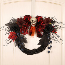 Gotische schedel Halloween decoratie met ledverlichting, warm wit, rood en zwart, 40 cm, gemaakt van duurzame materialen en koperdraad voor een