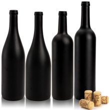 Set of 4 Matte Black 750ml Glass Wine Bottles with Cork, Assorted Shapes for Brewing and Décor