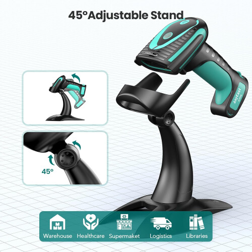 Wireless Bluetooth 2D Barcode Scanner with Stand, IP65 Waterproof QR Reader for POS and Inventory 2