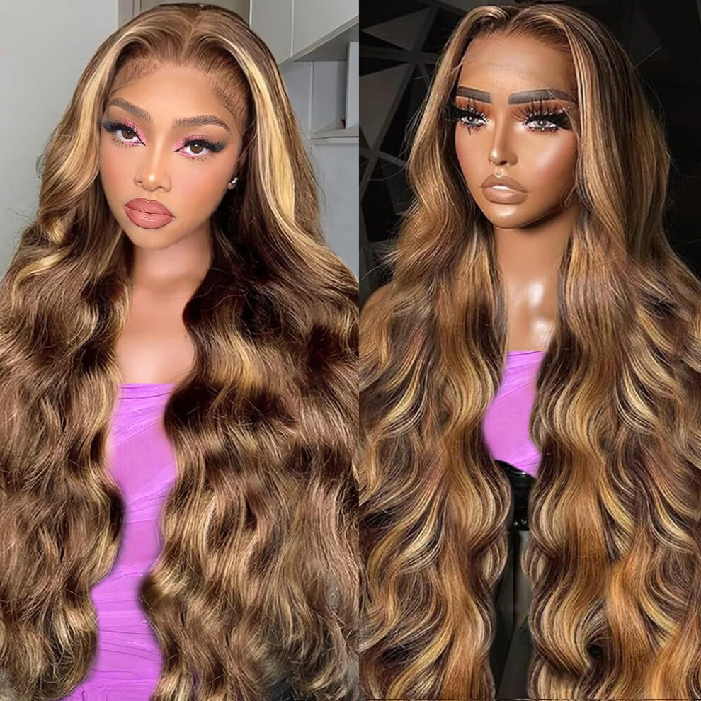 Unisex 30 Inch Honey Blonde Ombre Lace Front Wig Human Hair 13X6 Hd Body Wave Pre Plucked Glueless