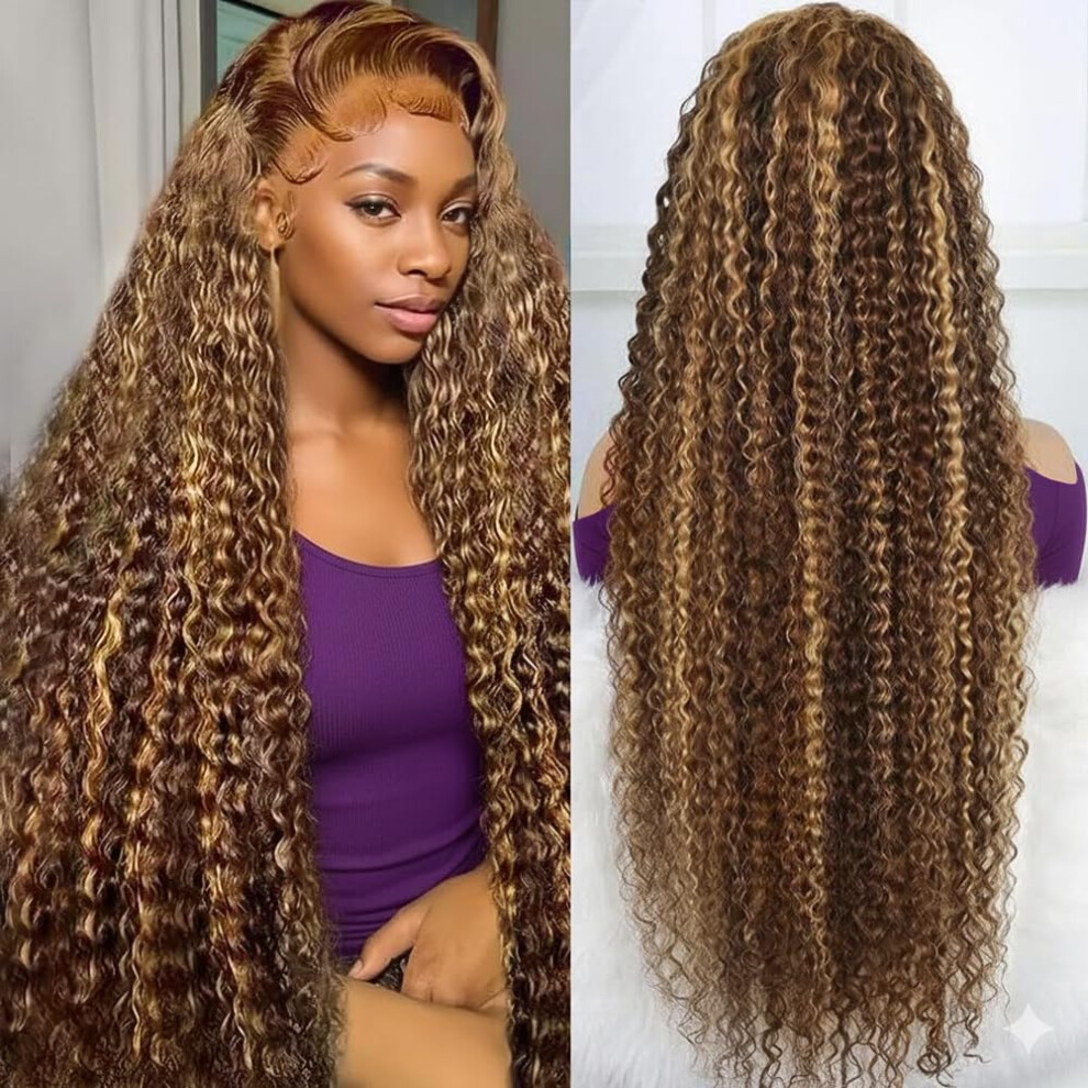 Unisex 30 Inch Deep Wave Human Hair Lace Front Wig 13X6 Hd Honey Blonde Ombre Glueless Density