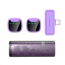 Wireless Lapel Microphone with Noise Cancellation for Phone Video Recording, 2.4GHz Compact Set, Transparent Purple
