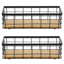 2 Pack Wire Storage Baskets with Wood Base, Narrow Rustic Storage Bin for Bathroom, Kitchen, RV