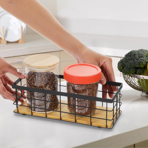 2 Pack Wire Storage Baskets with Wood Base, Narrow Rustic Storage Bin for Bathroom, Kitchen, RV 1