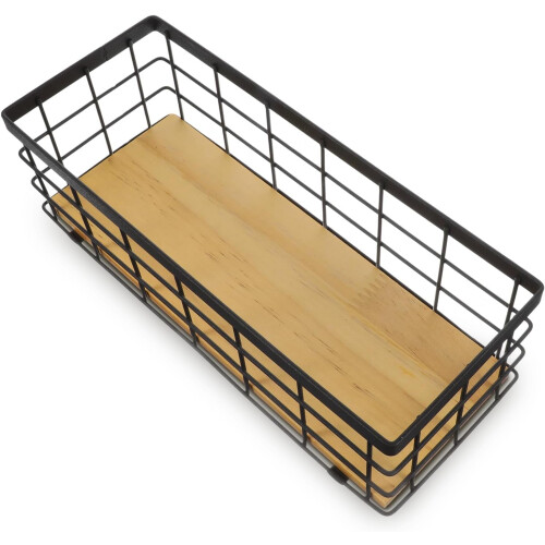 2 Pack Wire Storage Baskets with Wood Base, Narrow Rustic Storage Bin for Bathroom, Kitchen, RV 2