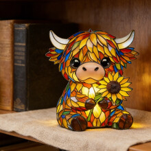 Sunflowers and cow night light, art animal sculpture desktop