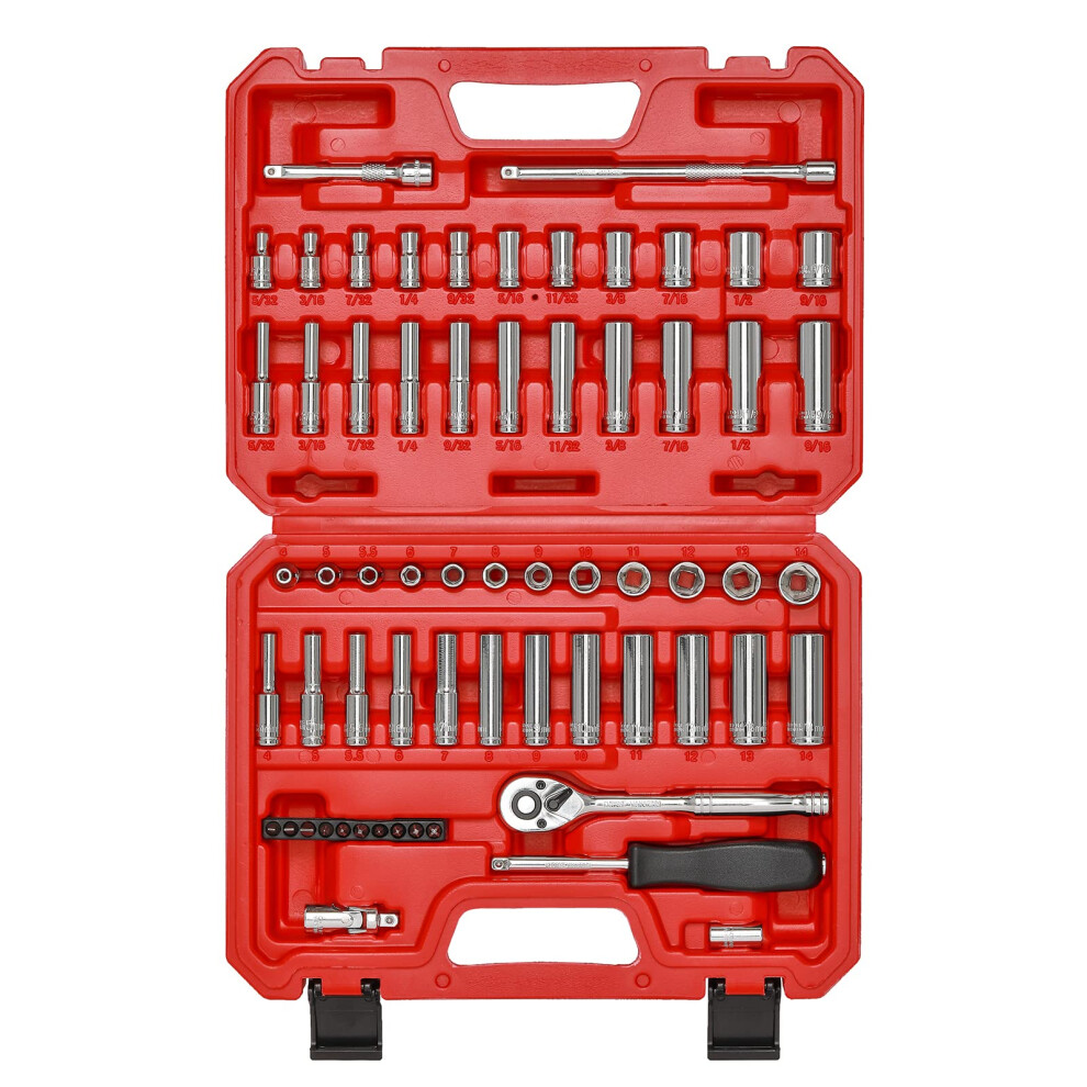 62Piece 1/4 Inch Drive Ratchet Socket Set, Metric And Sae, 72Tooth, Chrome Vanadium Tools 9187378938119