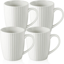 Set of 4 White Ceramic Coffee Mugs 13 Oz Ribbed Porcelain Cups with Handle Microwave Dishwasher Safe