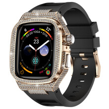 Luxury Rose Gold Watch Band for Apple Watch with Case 45mm for Series 9 8 7 Women Diamond Protection