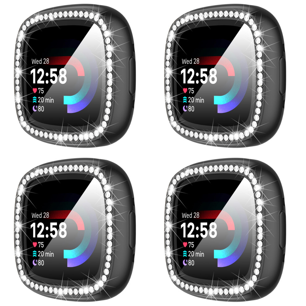 4Pack Case For Fitbit Sense 2 And Versa 4 With Hd Tempered Glass Screen Protector, Full Tpu Coverage, Diamonds Black 9199774691130