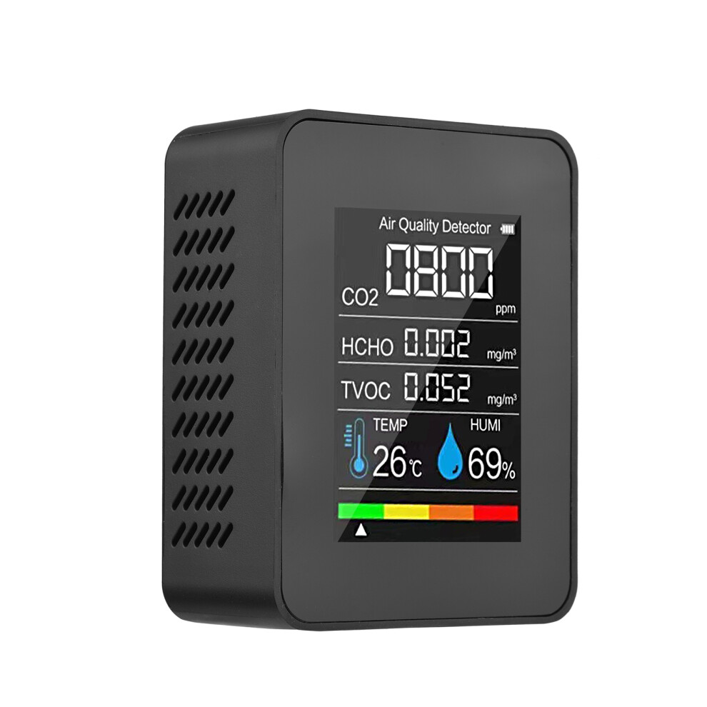 Portable 5-in-1 Air Quality Monitor CO2 Formaldehyde Temp & Humidity Detector