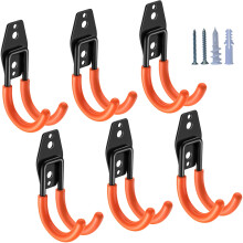 Heavy Duty Garage Hooks 6 Pack, Wall Mounted J Hooks for Tools Ladders Bikes, Steel with Nonslip Rubber Coating