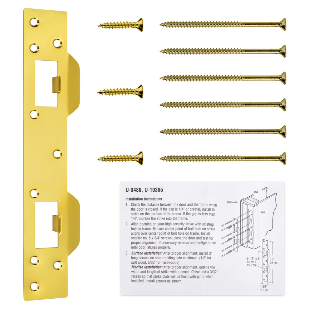Reinforced Brass Finish Steel Door Strike Plate With Screws For Dead Latch And Deadbolt 9187378940716