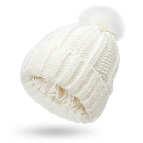 Gestrickte Plüschmütze, warme Wintermütze, Skimütze (Beige)
