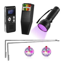 Apparatuurset voor paranormale liefhebbers, inclusief EMF-meter, EVP-apparaat, wichelroedes en UV-lamp voor entertainmentdoeleinden.