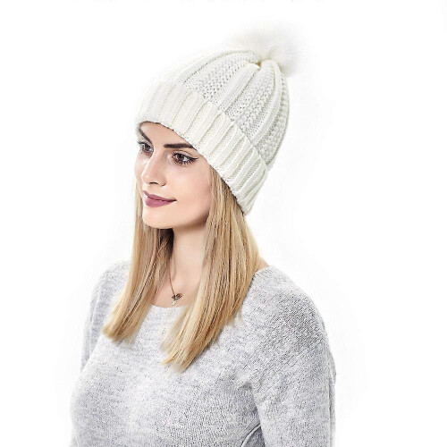 Gestrickte Plüschmütze, warme Wintermütze, Skimütze (Beige) 1