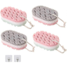 Badspons voor volwassenen, zachte badmassagespons met 2 haken, exfoliërende lichaamsspons voor vrouwen (4 stuks)