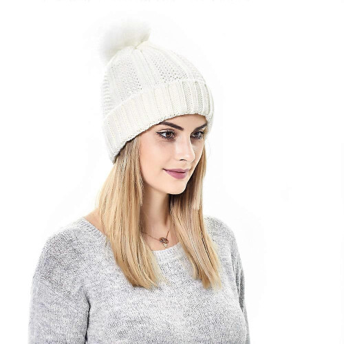 Gestrickte Plüschmütze, warme Wintermütze, Skimütze (Beige) 2