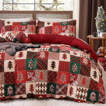 Christmas Duvet Cover Queen Size with Pillow Shams, Red Reversible Christmas Tree Bedding Set