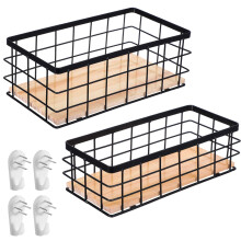 2 Pack Black Metal Wire Storage Baskets with Wood Bottoms, Wall Mounted Bathroom and Kitchen Organizer