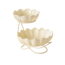 Ceramic Fruit Bowl Stand with Metal Rack, 2 Tier Elegant PetalEdge Bowls for Snacks and Desserts