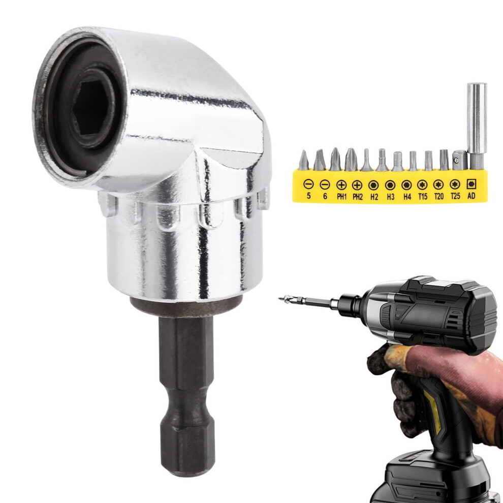105 Degree Right Angle Drill Adapter With 12 Bit Set, Durable Zinc Alloy Attachment For Tight Spaces 9094768946411