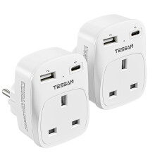 UK to European Plug Adapter 2 Pack, Schuko Grounde