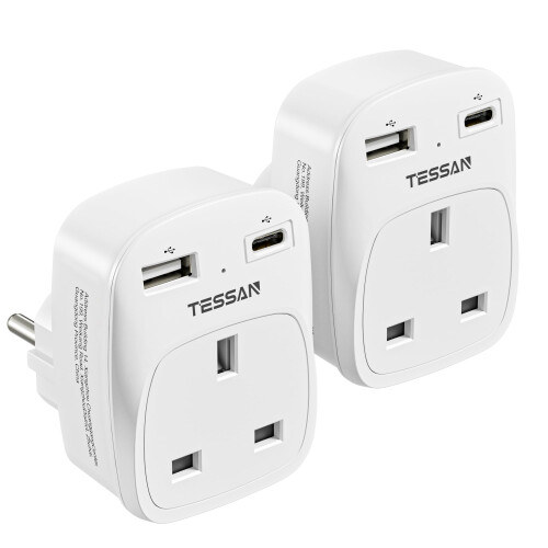 UK to European Plug Adapter 2 Pack, Schuko Grounde