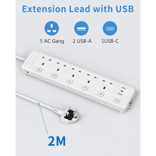2M 5 Gang Extension Lead with 3 USB Slots (2 USB-A 1
