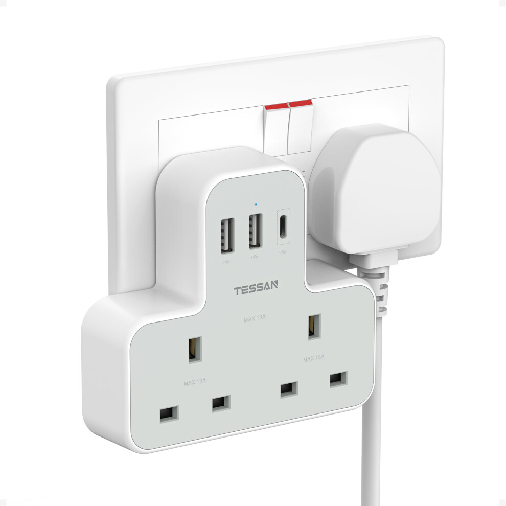 Tessan Plug Adapter With 3 Usb Plug, Double Plug A
