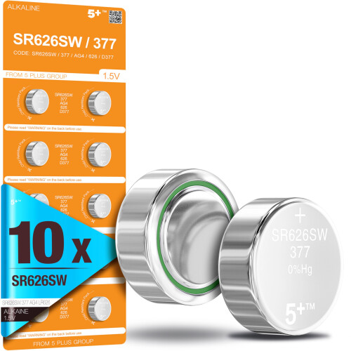 5Plus 10-Pack AG4 LR626 377 1.5V Button Cell Batte
