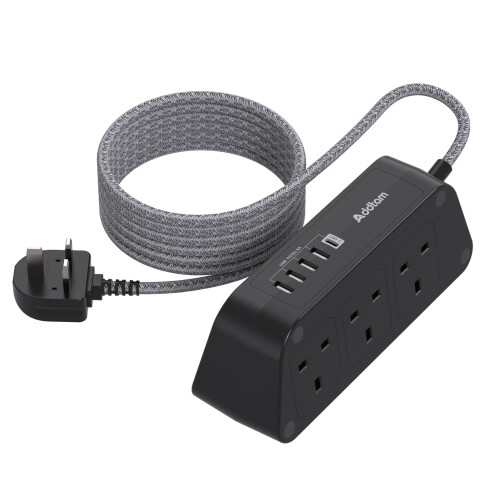 Black 3M Extension Cable, Extension Lead with 6 Wa