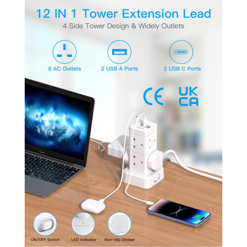 Tower Extension Lead 5M, 8 AC Outlets Multi Plug P 2