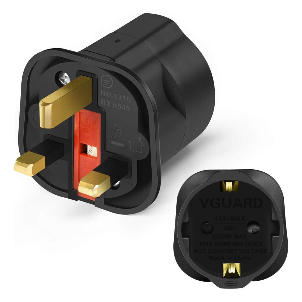 Vguard European To Uk Plug Adapter (Not For Uk Shavers/Toothbrushes Bathroom Plugs), Fused 13A Eu To Uk Travel Adaptor For 2 Pin Eu Devices (1 Pack), 61283435